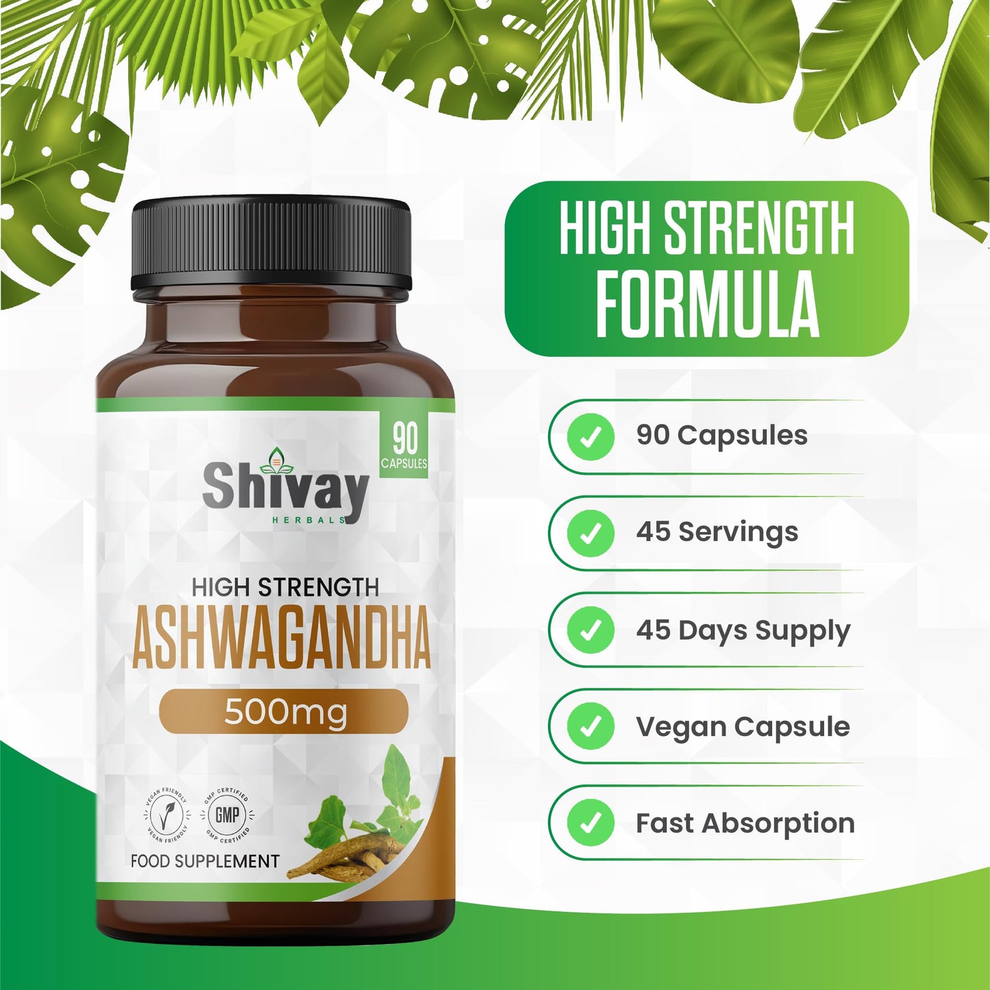 Ashwagandha 1000mg per Serving | 90 Capsules | 45 Day Supply | Vegan Capsules | Pure High Strength Ashwagandha Root Extract Supplement by Shivay Herbals