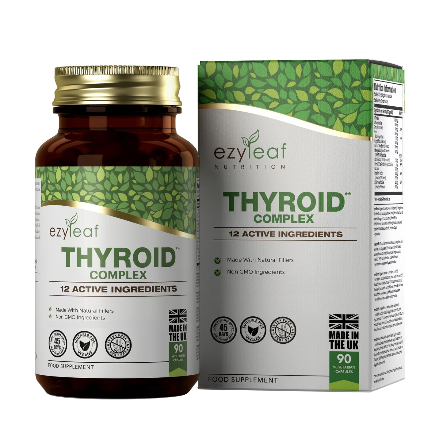 Ezyleaf Nutrition Ezyleaf Thyroid Complex | L Tyrosine Thyroid Support Supplement with Ashwagandha, Iodine, Zinc, Kelp, Sea Moss, Potassium Iodide, Guggul Extract & Selenium | 90 L-Tyrosine Capsules | UK ISO Certified
