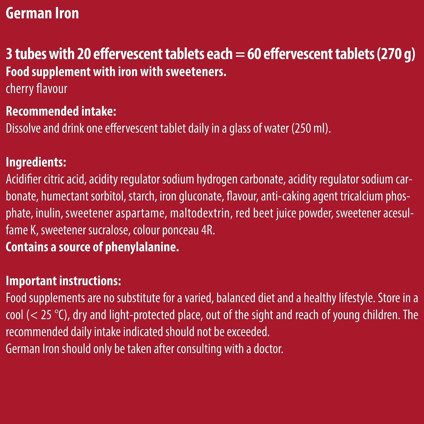 German Iron Drink Effervescent Tablets 60 Servings - Cherry Flavour – 14 mg Iron, Sugar Free, Vegan – T&D Pharma – Made in Germany