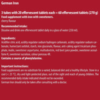 German Iron Drink Effervescent Tablets 60 Servings - Cherry Flavour – 14 mg Iron, Sugar Free, Vegan – T&D Pharma – Made in Germany