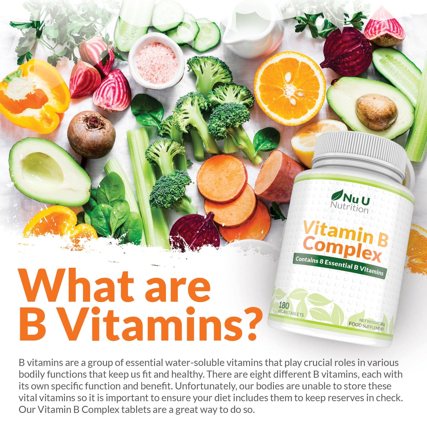 Vitamin B Complex High Strength - 180 Vegan Tablets - 6 Month Supply - Contains All 8 B Vitamins in 1 Tablet - Vitamins B1, B2, B3, B5, B6, B12, Biotin & Folic Acid - Nu U Nutrition