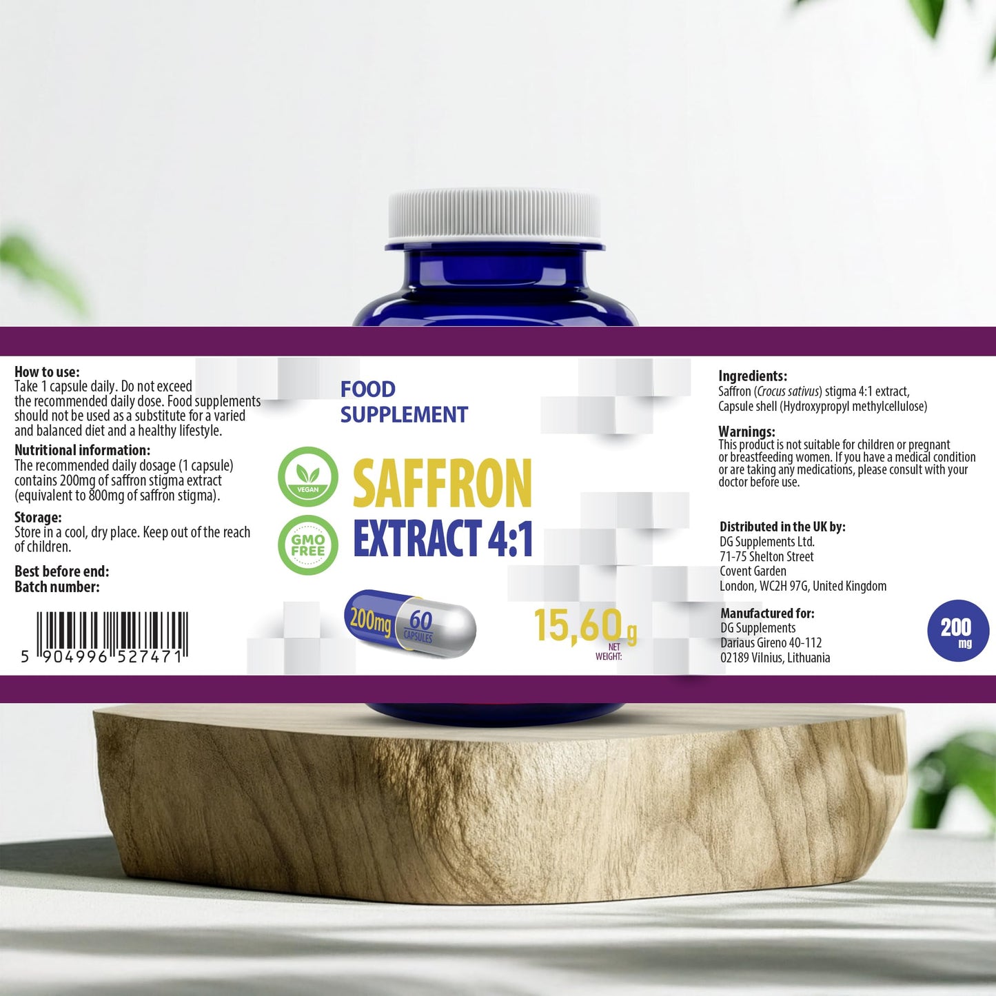 Hepatica Saffron Extract (Crocus Sativus) 800mg Equivalent | 200mg 4:1 Stigma Extract | with Safranal & Crocin | 60 Vegan Capsules | 3rd Party Lab Tested