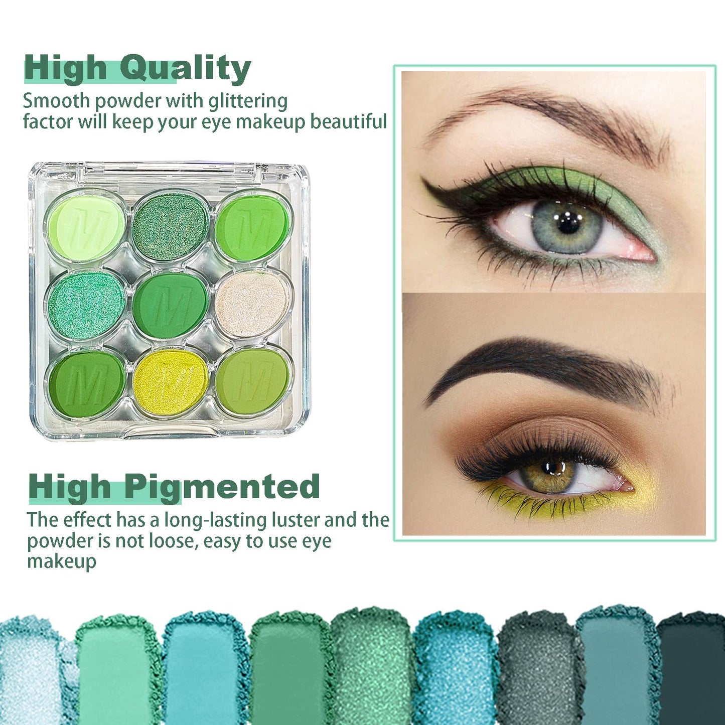 QUIWEN Green Eyeshadow Palette, 9 Colours Glitter Eye Shadow Makeup, Green Eye Shadow Pallets For Women, Shiny Sparkle Shimmer Matte Green Eyeshadow, Yellow White Mint Green MakeUp Palette with Brush