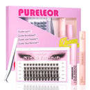 PURELEOR Cluster Lashes DIY Eyelash Extensions Kit with Bond and Seal Lash Applicators Individual Lashes Remover Kit Wispy Fluffy (60pcs 8-16MM)