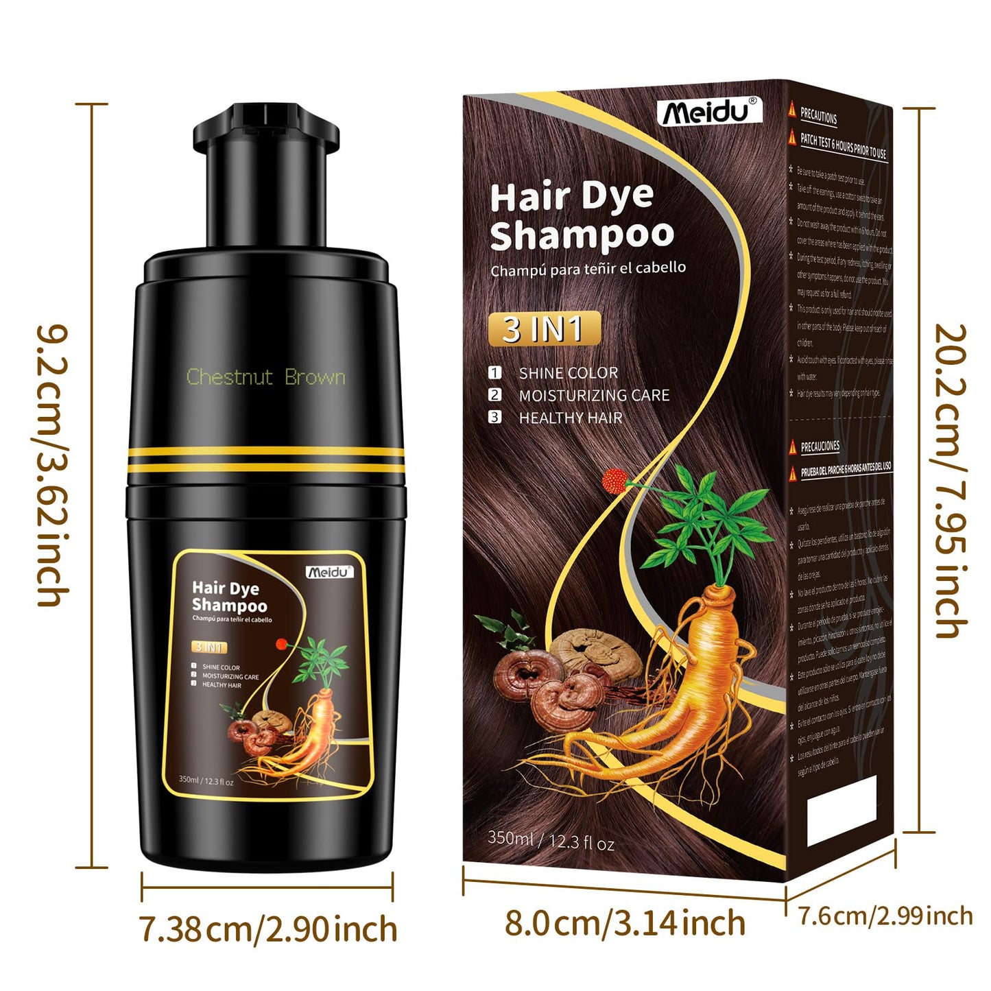 IIIMEIDU Black Hair dye Shampoo 3 in 1, Natural Hair Color Shampoo for Gray Hair, Herbal Hair Dye Shampoo for Women and Men 100% Grey Hair Coverage,350ml (Chestnut brown)