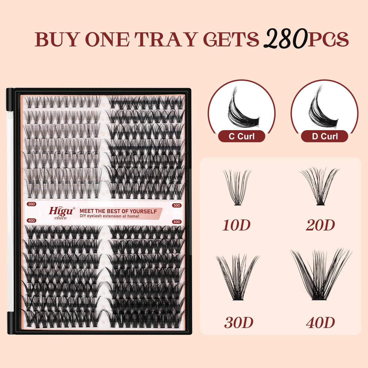 Higu clace Individual Lashes, 280pcs Lash Clusters Extensions D Curl Mix10-16mm 20D 30D 40D 50D Cluster Eyelashes Reusable Soft Wispy DIY Natural Lash Extension at Home - D Curl Mix10-16mm