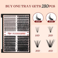 Higu clace Individual Lashes, 280pcs Lash Clusters Extensions D Curl Mix10-16mm 20D 30D 40D 50D Cluster Eyelashes Reusable Soft Wispy DIY Natural Lash Extension at Home - D Curl Mix10-16mm