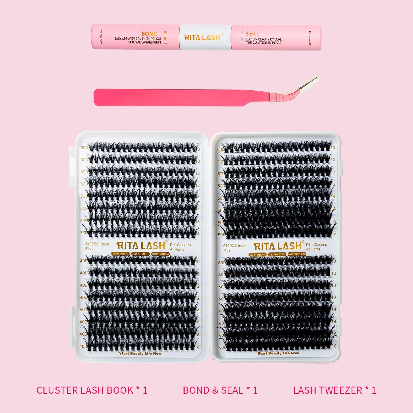 RITALASH Lash Extension Kit DIY 640pcs Lash Clusters Eyelash Extension, 10-16mm Individual Lashes Kit with Lash Bond and Seal, Lash Tweezers for Self Use (30D+40D+50D+60D KIT)