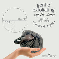 Temple Spring Loofah Shower Sponge, Recycled Body Scrubber Scrunchies, Exfoliating Bath Sponge, Shower Puff Bath Sponges for Adults, Loofah Back Scrubber Pouffe, Loofa Body Scrub Exfoliator - Grey