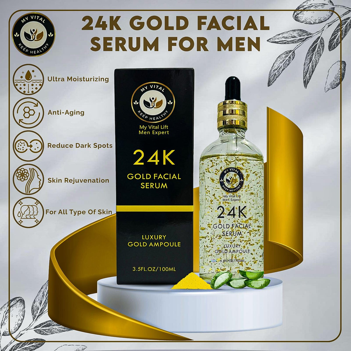 MY VITAL KEEP HEALTHY Hyaluronic Acid Serum 24K Gold 30ml – Luxurious Anti-Aging Essence for Radiant Glow, Firming, Deep Hydration & Wrinkle Smoothing for Youthful Skin – My Vital Keep Healthy