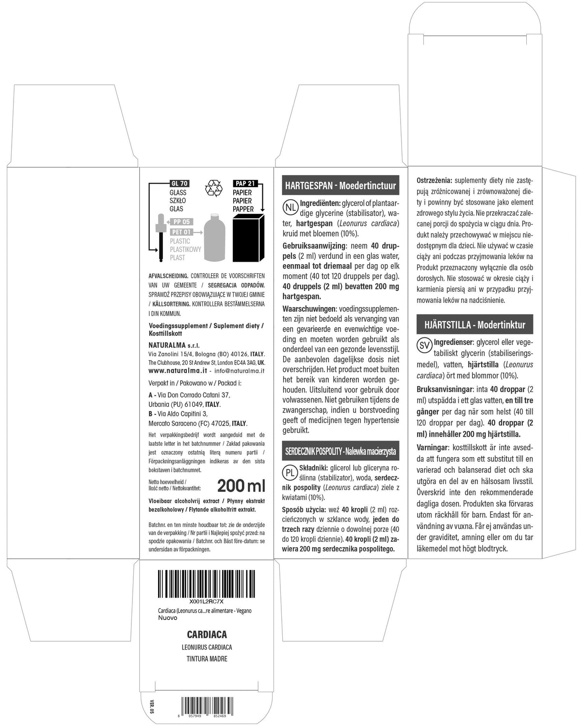 Motherwort (Leonurus cardiaca) herb with Flowers Alcohol-Free Mother Tincture Naturalma - Liquid Extract Drops 200 ml - Food Supplement - Vegan