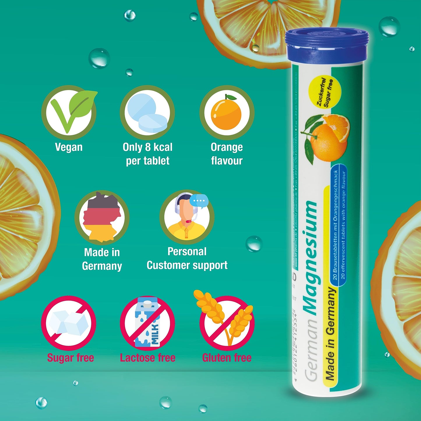 German Magnesium Drink Effervesent Tablets 60 Servings Orange Flavour – 200 mg Magnesium Sugar Free, Vegan – T&D Pharma – Made in Germany