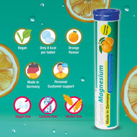 German Magnesium Drink Effervesent Tablets 60 Servings Orange Flavour – 200 mg Magnesium Sugar Free, Vegan – T&D Pharma – Made in Germany