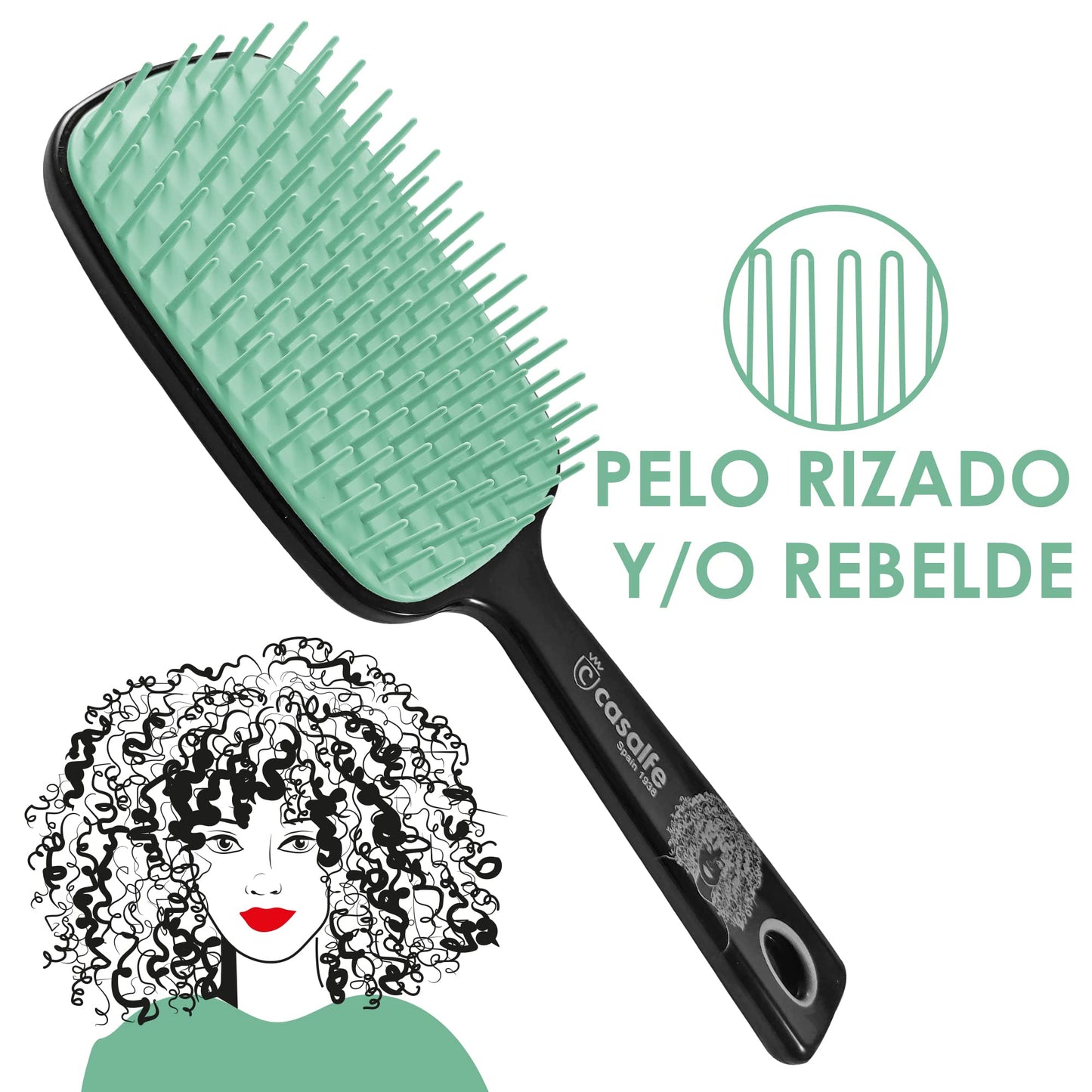 Casalfe XL Hair Brush Detangles No Pull Curly Hair - Flexible Tines That Will Not Break Hair - Curly Method Suitable for Unisex Adults - Black & Pastel Green