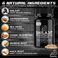 Valrock Shilajit 6-in-1 Capsules 4,000mg - 60 Days - Added Ashwagandha, Maca Root, Chaga, Ginseng & Sea Moss - High Strength Muscle Building & Performance Capsules for Men & Women