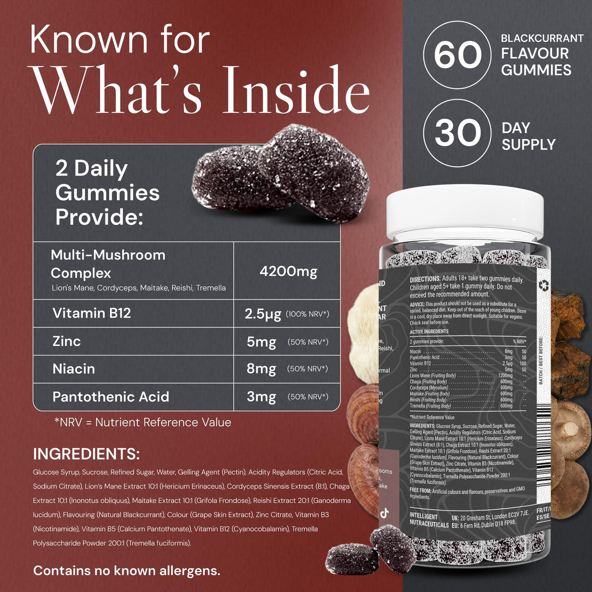 Known 4,200mg High Strength Multi Mushroom Gummies – Blackcurrant Flavour – Lions Mane, Reishi, Cordyceps, Chaga, Maitake, Tremella – Brain, Focus, Immune – 1 Month Supply – Vegan Supplement