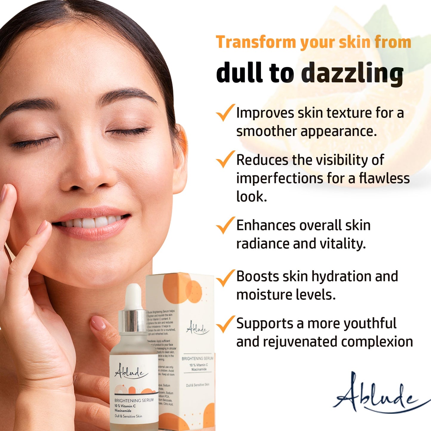Ablude Skin Brightening Serum with Vitamin C & Niacinamide - Glow Serum for Men & Women - Skin Serum for Smooth, Firm & Youthful Complexion (30ml)