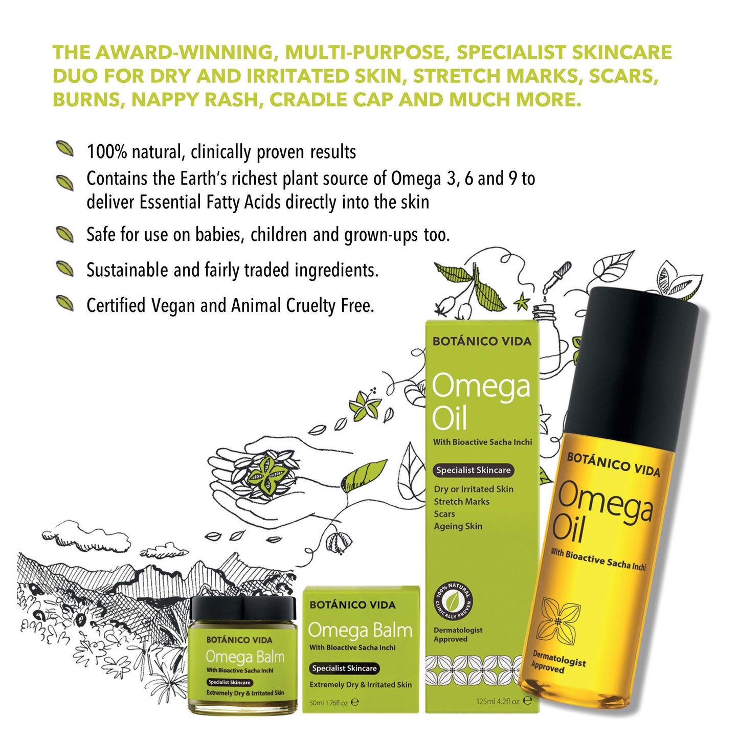 Botanico Vida Omega Oil, 125ml. The 100% Natural Body Oil for Stretch Marks, Scars, Dry Skin. Clinically Proven Skincare