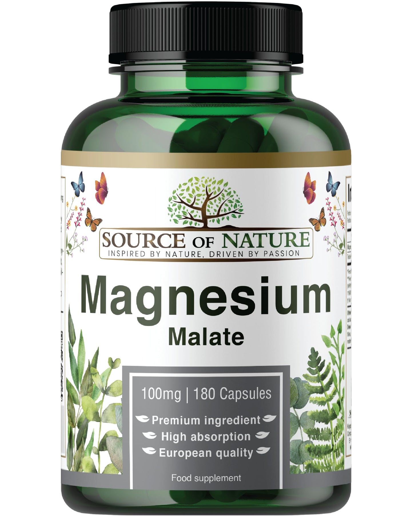 Source of Nature® | Magnesium Malate 645mg | 180 Capsules | 2-Month Supply | 100mg Elemental | High Bioavailability | Easy on The Stomach | Laboratory Tested