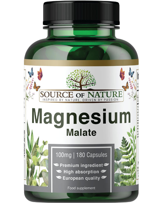 Source of Nature® | Magnesium Malate 645mg | 180 Capsules | 2-Month Supply | 100mg Elemental | High Bioavailability | Easy on The Stomach | Laboratory Tested