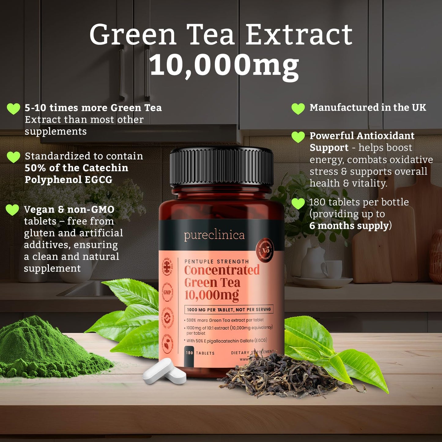 Pureclinica Concentrated Green Tea 10,000mg x 180 Tablets - 6 Months Supply