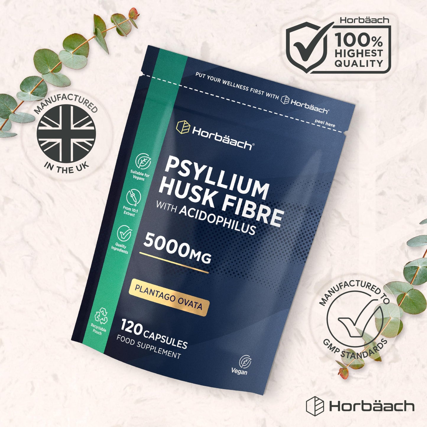Horbäach Psyllium Husk Capsules 5000mg with Acidophilus | Natural Soluble Fibre Supplement with Biotic | Plantago Ovata Seed Husk Extract | 120 Vegan Capsules | by Horbaach