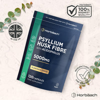 Horbäach Psyllium Husk Capsules 5000mg with Acidophilus | Natural Soluble Fibre Supplement with Biotic | Plantago Ovata Seed Husk Extract | 120 Vegan Capsules | by Horbaach