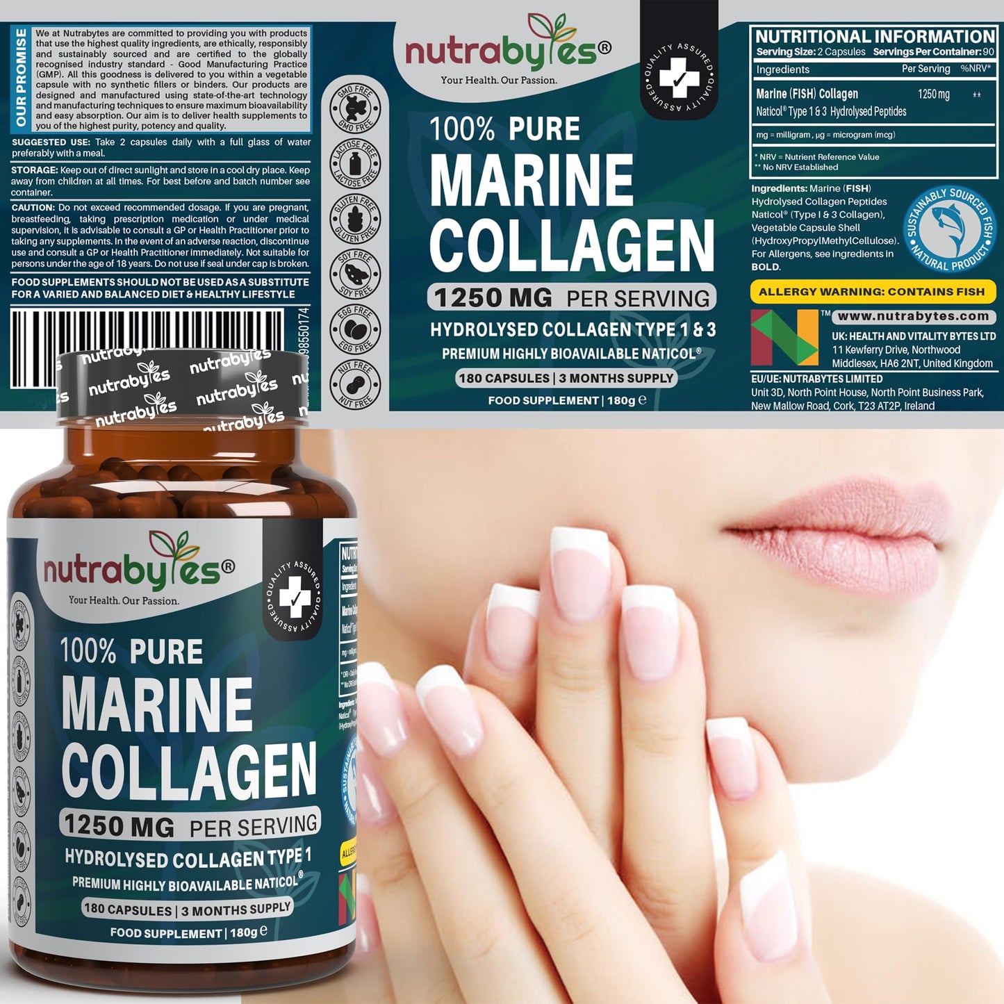 NUTRABYTES Nutrabytes 100% Pure Marine Collagen Supplement, 1,250mg (180 Capsules) | Type 1 Hydrolysed Collagen Peptides for Skin, Hair, Nails & Joints | Supplement for Men and Women | 3 Month Supply