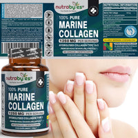NUTRABYTES Nutrabytes 100% Pure Marine Collagen Supplement, 1,250mg (180 Capsules) | Type 1 Hydrolysed Collagen Peptides for Skin, Hair, Nails & Joints | Supplement for Men and Women | 3 Month Supply