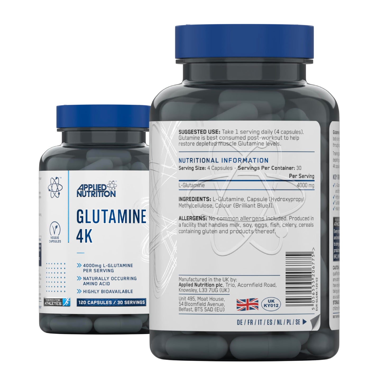 Applied Nutrition Glutamine 4K - L Glutamine 4000 mg Per Serving, Restore Amino Acid Levels (120 Capsules - 30 Servings)