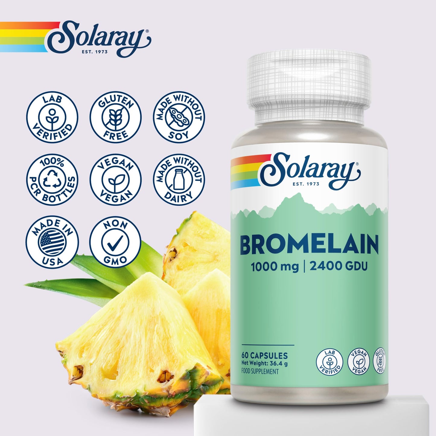 SOLARAY Bromelain Supplement 1000mg 2500 GDU/g - 60 High Strength Vegan Capsules - Enzyme Nutritional Supplements - Naturally Derived Enzyme from Pineapple - Non GMO & Lab Verified - Solaray