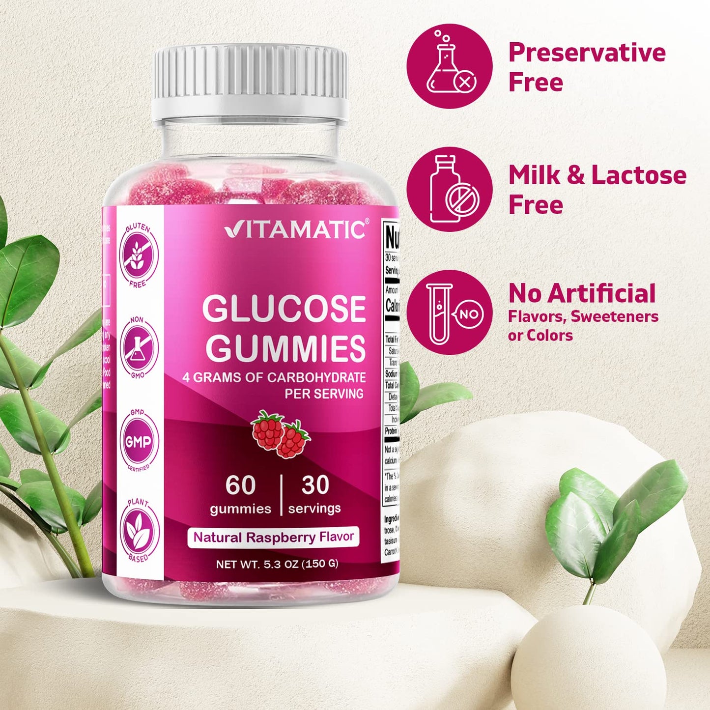 Vitamatic Glucose Chweble Gummies - 60 Count - Natural Raspberry Flavor - 4G of Carbohydrate per Serving