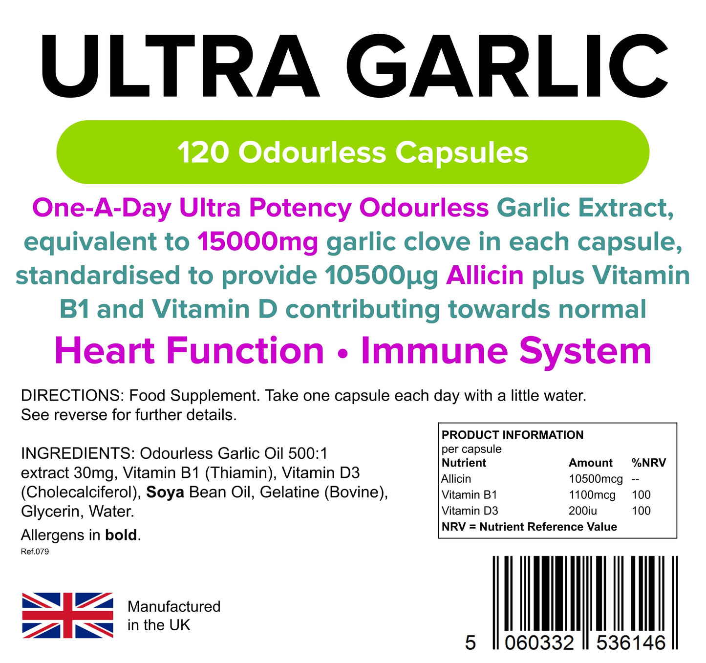 Lindens Ultra Garlic 15000mg Odourless Capsules 120 Pack - UK Made - Vitamin B1 and D3 for Normal Muscle Function, Heart and Immune Health (10500mcg Allicin) - Letterbox Friendly
