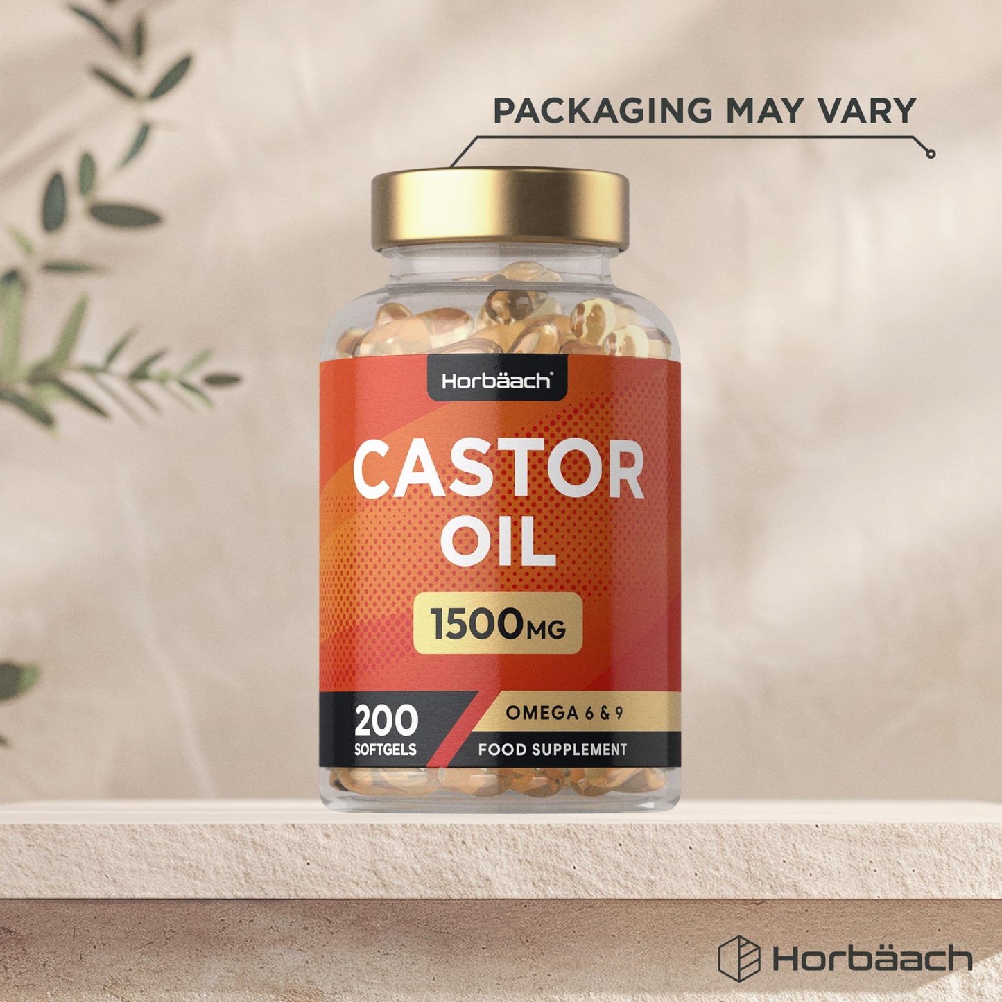 Horbäach Castor Oil Capsules 1500mg | 200 Softgel Capsules | Digestive Health | Rich in Omega 6 & 9 | Pure Castor Oil Supplement | By Horbaach