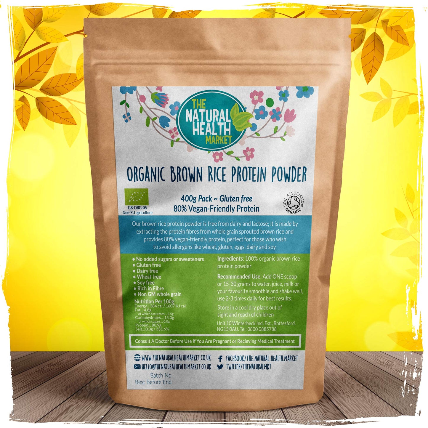 Organic Brown Rice Protein Powder By The Natural Health Market Vegan Protein Source 80% Protein By Weight (400g)