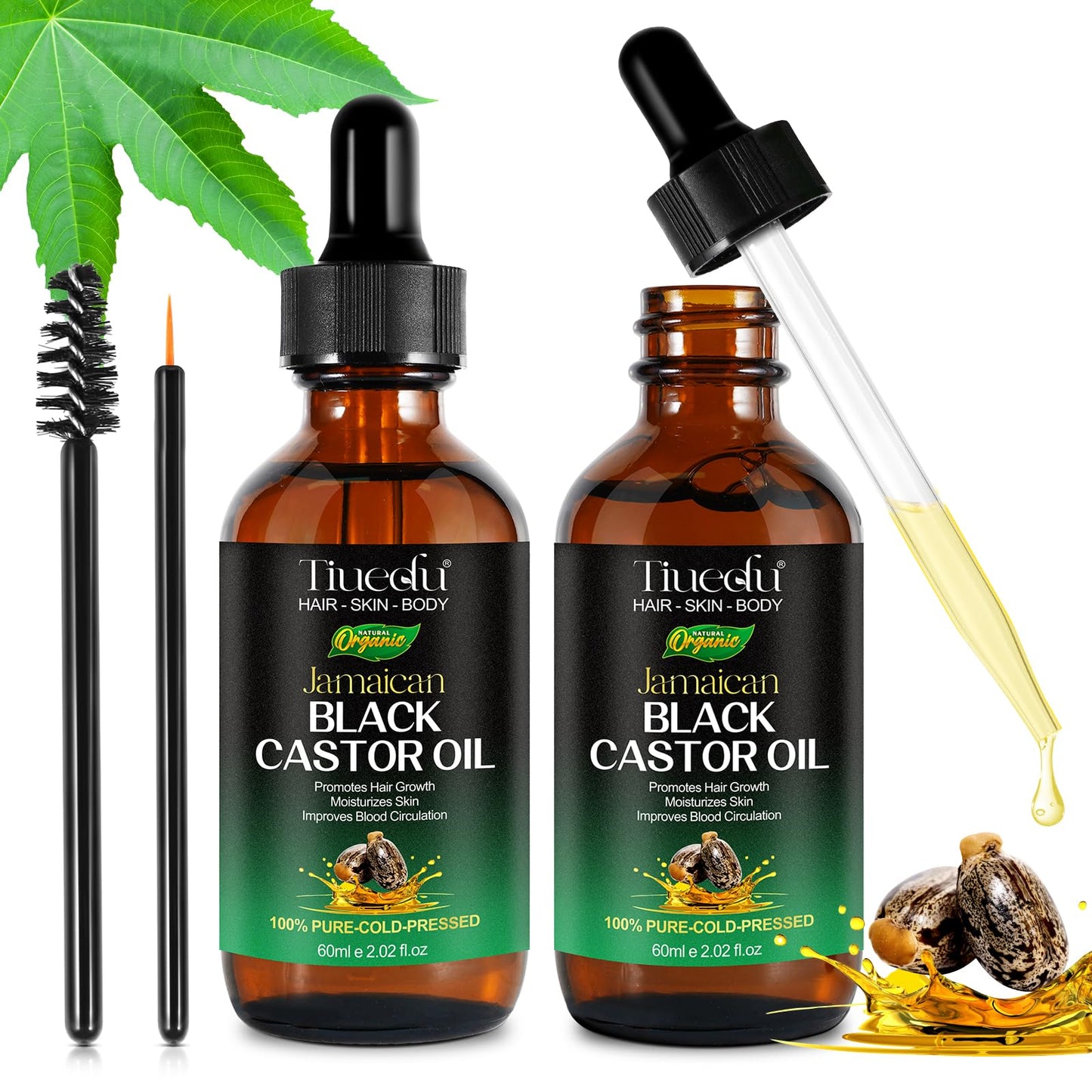 NBXINSLF 2Pack Jamaican Black Castor Oil for Hair Growth,Thicker Eyelashes & Eyebrows,Organic Castor Oil for Face,Body & Skin,100% Pure Cold Pressed Black Castor Oil,Hair Nourishing Oil