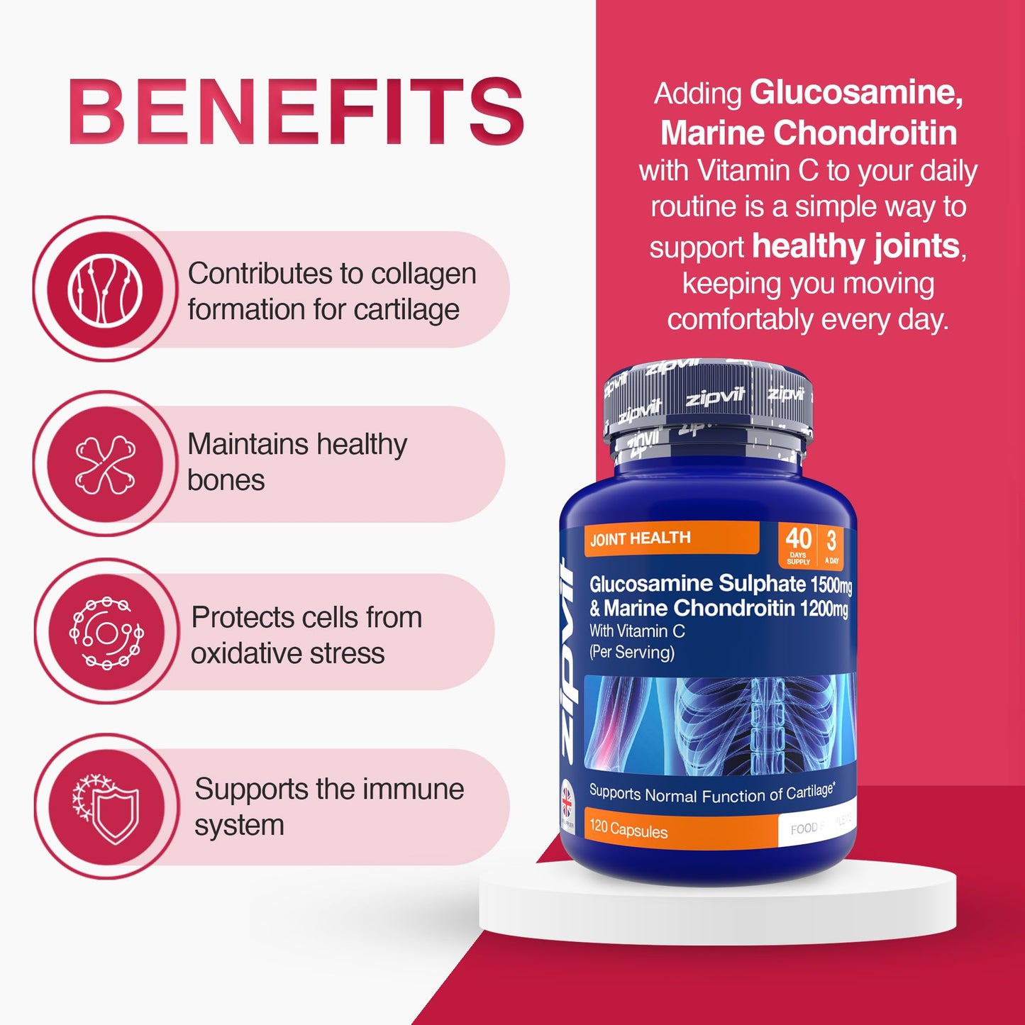 Zipvit Glucosamine and Chondroitin High Strength with Glucosamine Sulphate 1500mg, Marine Chondroitin 1200mg and Vitamin C, Joint Care Supplements for Men and Women, 120 Capsules