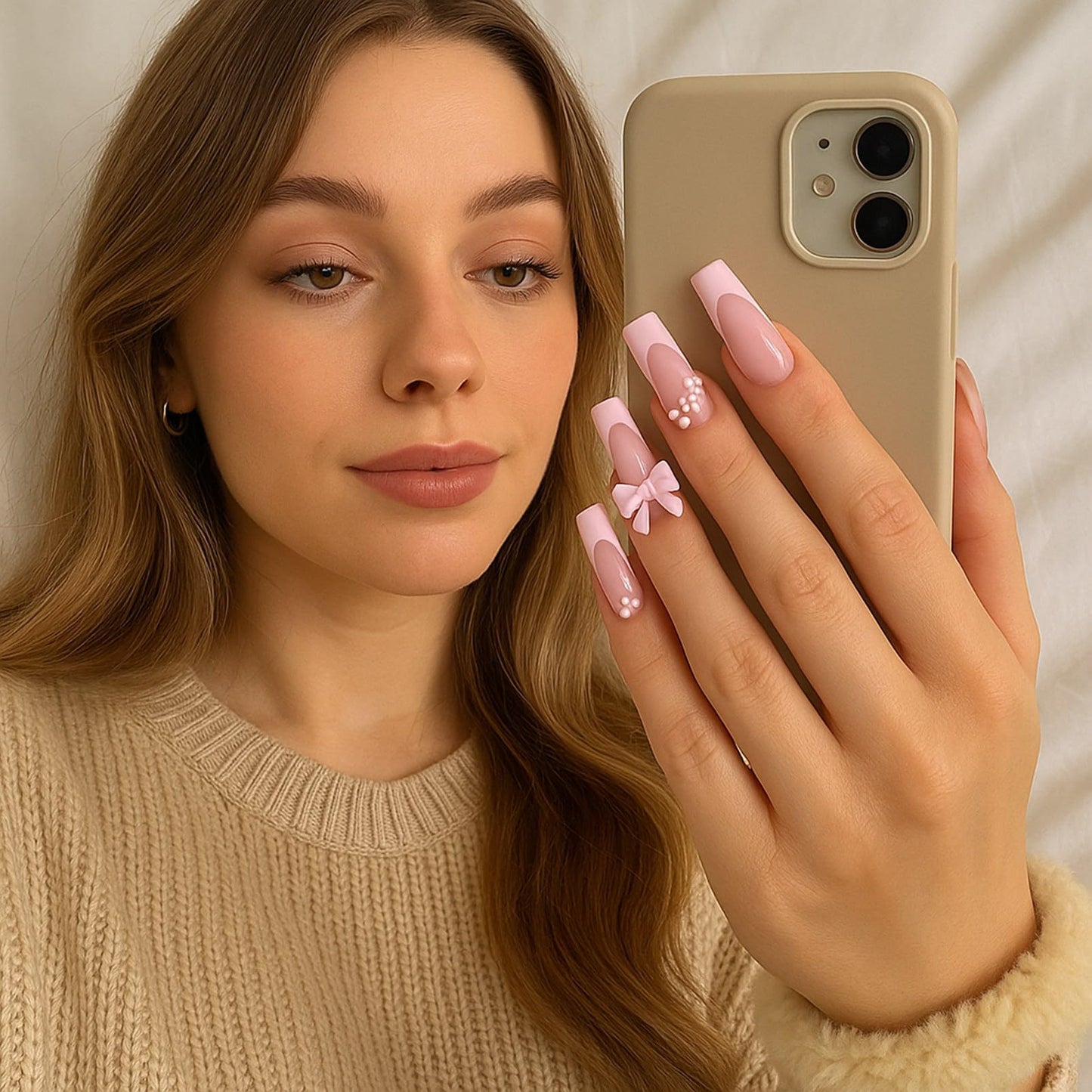 Generic Pink Press On Nails with 3D Bows & Flowers – 24PCS Long Coffin French Tips, Reusable Acrylic False Nails with Rhinestones for DIY Nail Art