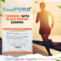 FoodPURA Turmeric with Black Pepper Capsules High Strength 2400mg HACCP Certified, Manufactured in The UK by FoodPURA 1 Pack of 180 Capsules