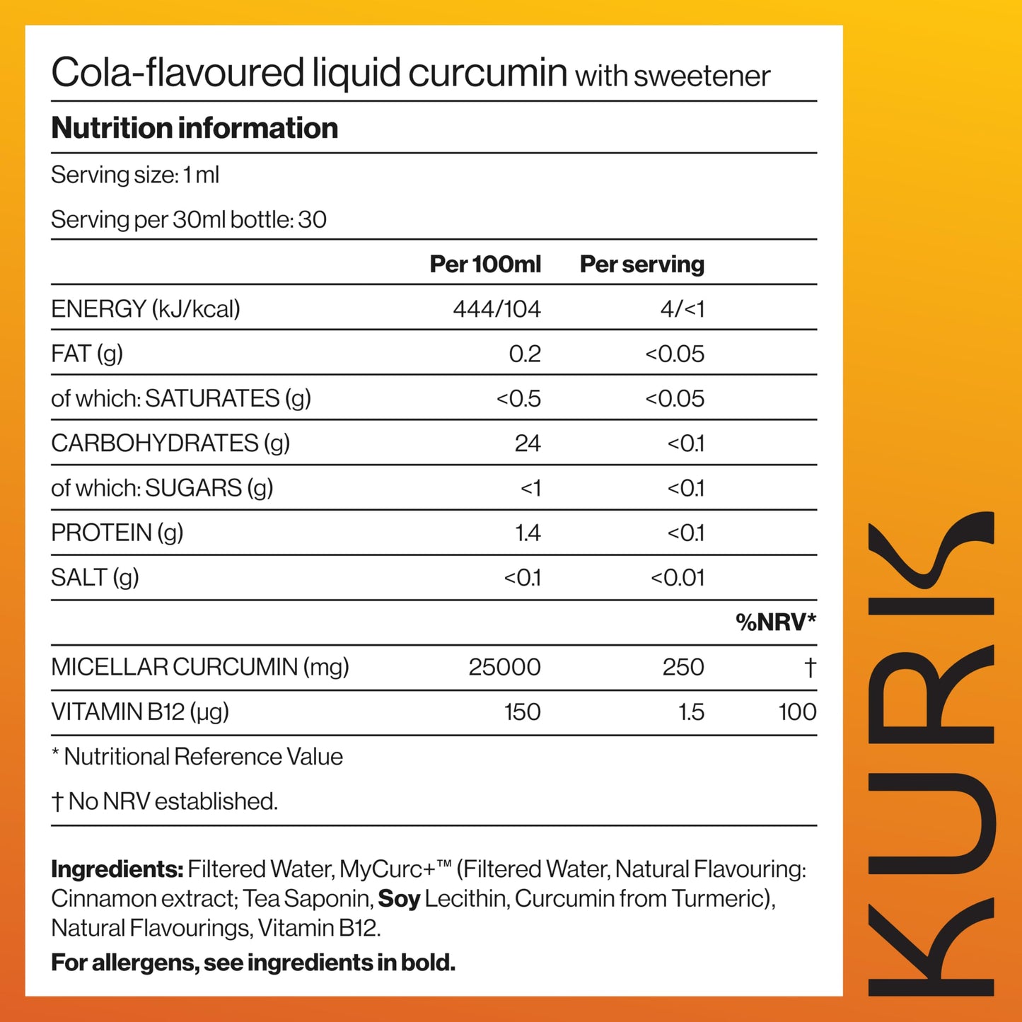 Kurk KURK Essential Liquid Turmeric Supplement, Turmeric Curcumin Drops, Oil for Advanced Everyday Wellness, Focus & Energy, 185x More Absorbable Than Powders, Plant-Based (Cola) (30ml)