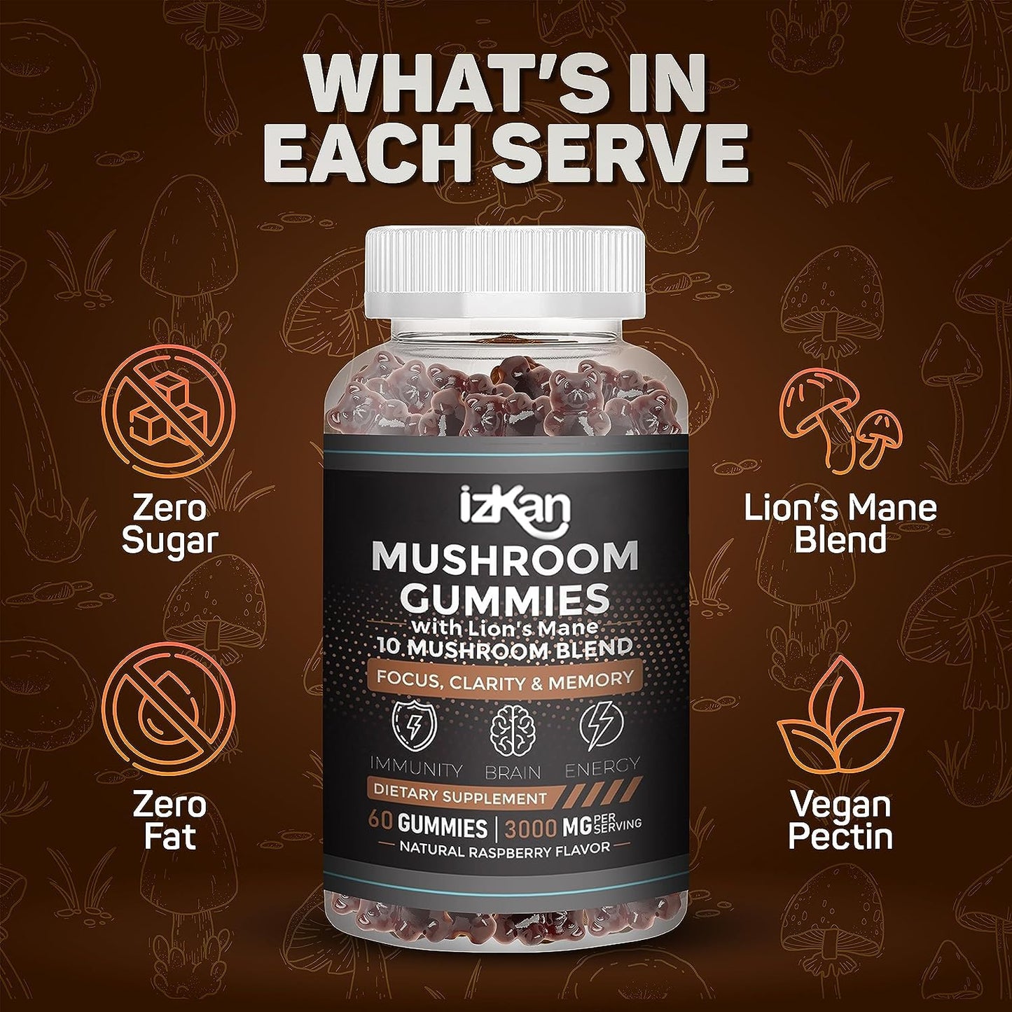 Izkan Lion's Mane Gummies 3000mg - 10 Brain Health Mushrooms Gummies Supplement Promotes Focus, Memory, and Mood - 60 Count (Rasberry Flavor, Halal, Gluten-Free, Vegan) (2)