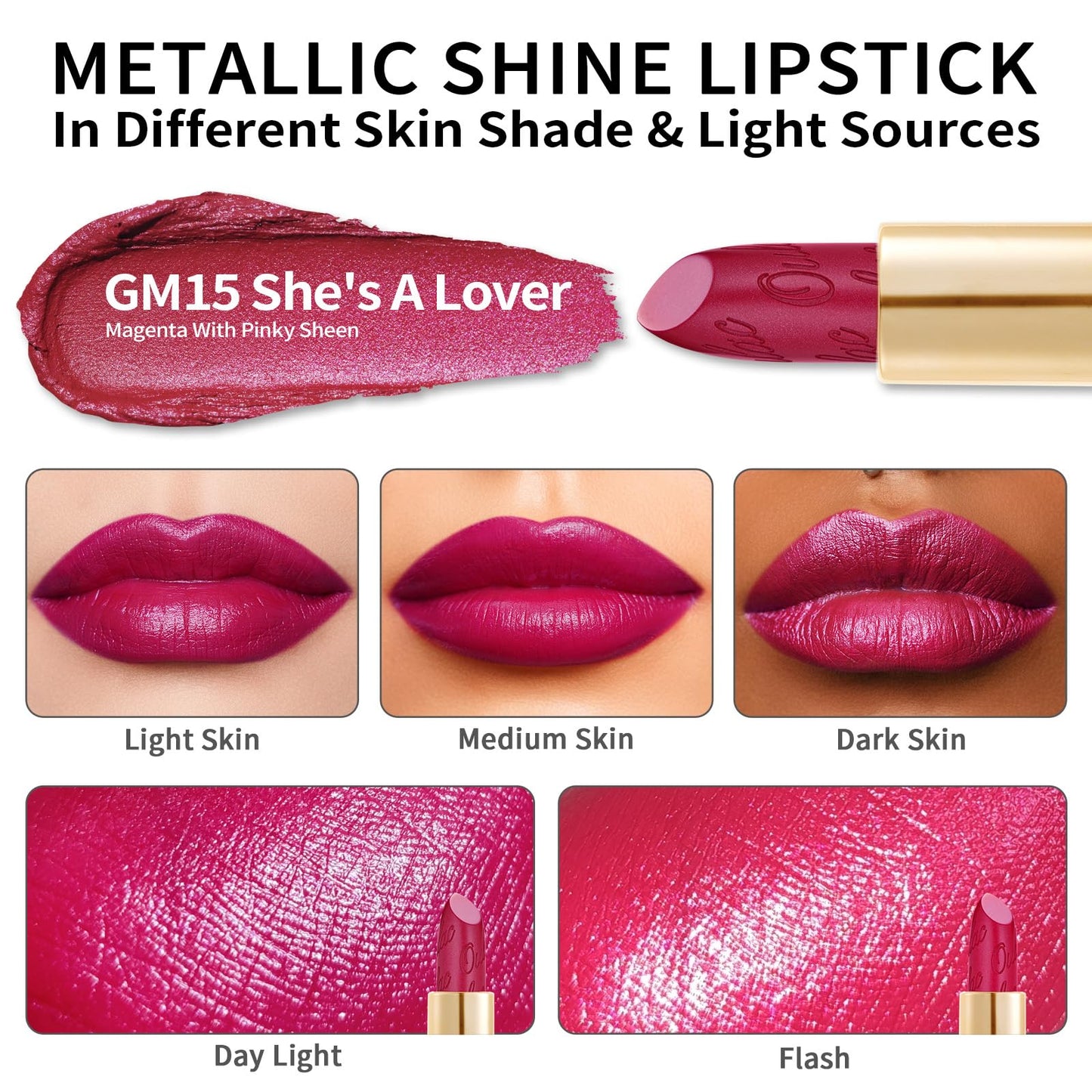 Oulac OULAC Glow Metallic Shine Pink Lipstick, Rose High Impact Lipcolor, Lightweight Soft and Ultra Hydrating, Long Lasting, Vegan & Cruelty-Free, Full Coverage Lip Color 4.3 g/0.15 GM15 She's A Lover
