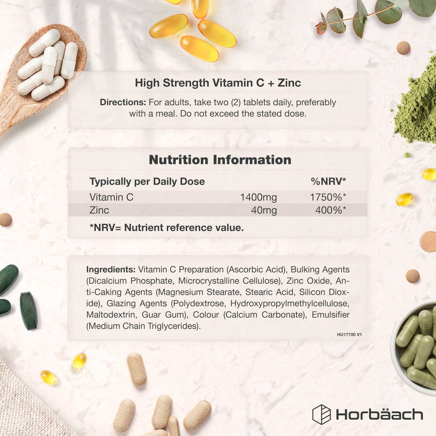 Horbäach Vitamin C 1400mg and Zinc 40mg Tablets | 180 Count | High Strength Complex with Vitamin C as Ascorbic Acid | Immune Support | Suitable for Vegans | by Horbaach