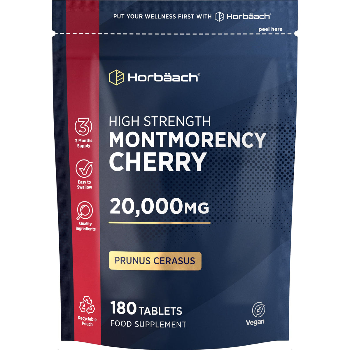 Horbäach Montmorency Cherry Tablets 20,000mg | 180 Tart Cherry Active Pills - 3 Months Supply | 50:1 Natural Tart Cherry Extract Supplement for Men & Women | Vegan | by Horbaach