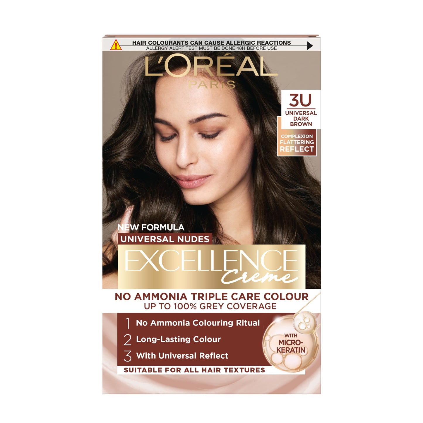 L'Oreal Paris L'Oréal Paris Excellence Universal Nudes Hair Colour, Ammonia-Free, Micro-Keratine, Triple Care, 100% Grey Coverage, Radiance Boosting, 3U Universal Dark Brown