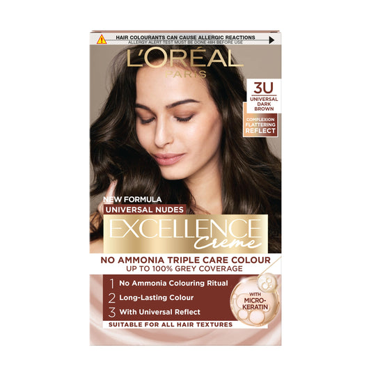 L'Oreal Paris L'Oréal Paris Excellence Universal Nudes Hair Colour, Ammonia-Free, Micro-Keratine, Triple Care, 100% Grey Coverage, Radiance Boosting, 3U Universal Dark Brown