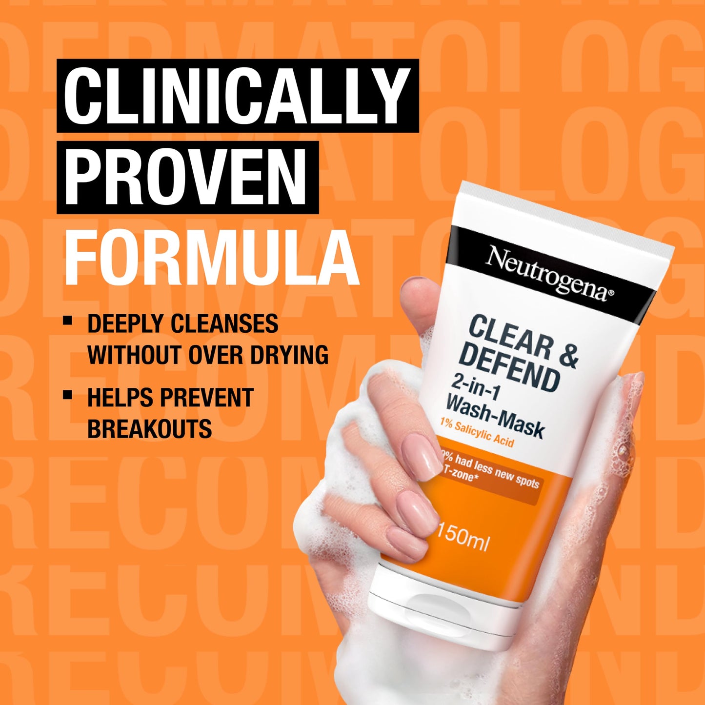 Neutrogena Clear & Defend 2 in 1 Wash-Mask (1x 150ml), Purifying Face Wash and Clay Mask for Oily, Spot-Prone Skin, Face Wash Mask with 1% Salicylic Acid for Clearer Skin and to Help Prevent Breakouts