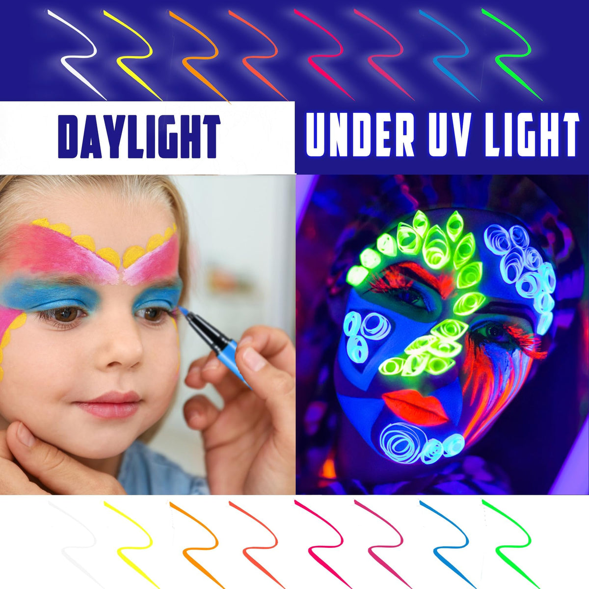 Srumvoat 12 Colors Neon Face Paint Glow In the Dark Under UV Light For Party Accessories, Festival Body Glow Makeup Eyeliner Pens, Waterproof Quick Drying Long-Lasting Adults Kids Halloween Cosplay Paints