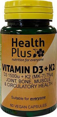 Health Plus Vitamin D3 1500iu (38µg) + K2 (MK-7) 75µg : Vitamin D & K2 Supplement : 60 Vegan Capsules, in a Planet-Friendly 99% Recycled Pot