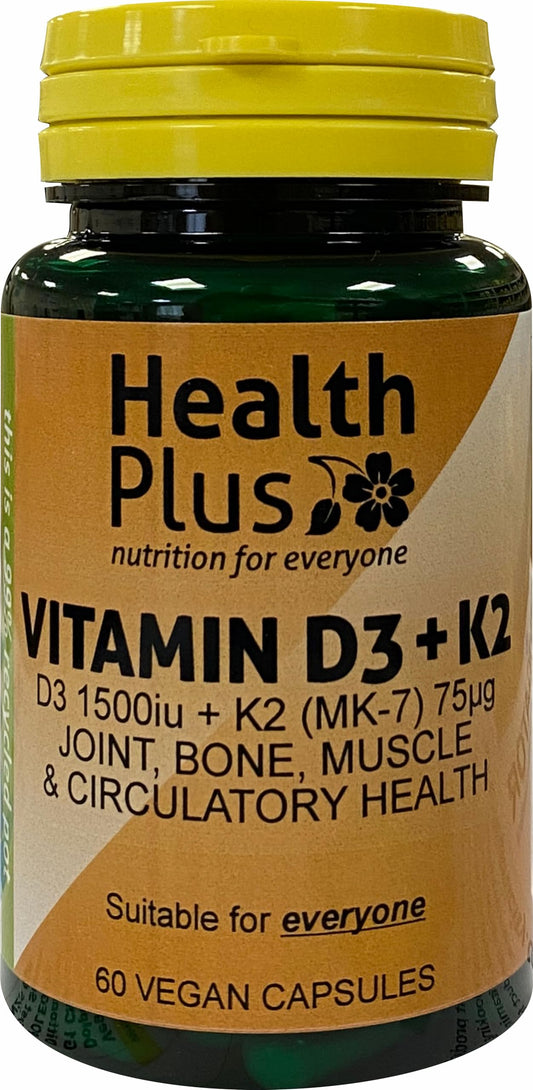 Health Plus Vitamin D3 1500iu (38µg) + K2 (MK-7) 75µg : Vitamin D & K2 Supplement : 60 Vegan Capsules, in a Planet-Friendly 99% Recycled Pot